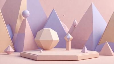 The primary subject of the image is a group of geometric shapes, including a large white sphere, a smaller white sphere, and a few other geometric shapes. These shapes are placed on a pink surface, which serves as the setting or background. The visual style of the image is digital art, as it appears to be a computer-generated or digitally rendered scene. The colors and mood of the image are predominantly pink, giving it a warm and inviting atmosphere.