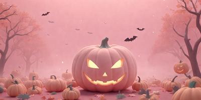 The primary subject of the image is a pumpkin with a scary face drawn on it. The pumpkin is placed in a field with a backdrop of a pink sky. The visual style of the image is digital art, and the dominant colors are pink and orange. The overall atmosphere of the image is spooky and creepy, with the pumpkin being the central focus.