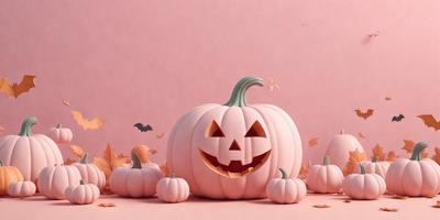 The primary subject of the image is a pumpkin carved to resemble a smiling face. The pumpkin is placed on a pink surface, which serves as the setting for the scene. The visual style of the image is a combination of photo and digital art, creating a unique and creative representation of the pumpkin. The colors and mood of the image are predominantly pink, which adds a playful and cheerful atmosphere to the scene.