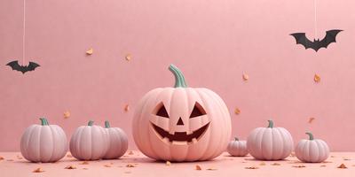 The primary subject of the image is a pumpkin with a scary face, placed on a pink surface. The setting is a pink background, and the visual style appears to be a digital art or illustration. The dominant colors are pink and orange, creating a playful and creepy atmosphere.