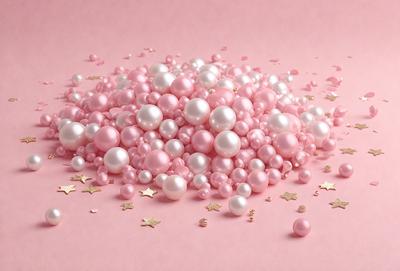 The primary subject of the image is a pile of pink and white pearls. The pearls are scattered on a pink surface, which could be a table or a background. The visual style of the image is a close-up of the pearls, showcasing their details and colors. The dominant colors in the image are pink and white, creating a soft and elegant atmosphere.