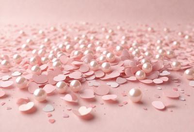 The primary subject of the image is a pink surface with a large number of pink and white pearls scattered across it. The setting appears to be a pink background, which adds to the overall mood of the scene. The visual style of the image is a close-up of the pearls, showcasing their details and texture. The colors and mood of the image are predominantly pink and white, creating a soft and elegant atmosphere.