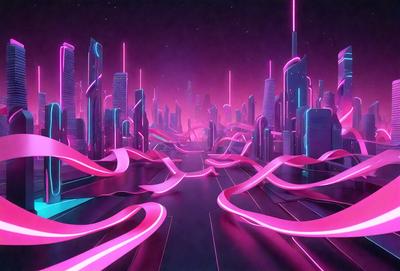 The primary subject of the image is a futuristic cityscape with a pink and purple color scheme. The setting is a city street with buildings and a bridge in the background. The visual style is a digital art or illustration, creating a vibrant and unique atmosphere. The colors and mood convey a sense of excitement and creativity, as the cityscape is bathed in the pink and purple hues.