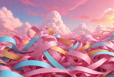 The primary subject of the image is a large pink ribbon. The ribbon is wound around itself, creating a visually striking pattern. The setting is a cloudy sky, which serves as the backdrop for the ribbon. The visual style of the image is a combination of photo and digital art, creating a unique and eye-catching design. The dominant colors in the image are pink and blue, giving the scene a warm and inviting atmosphere.