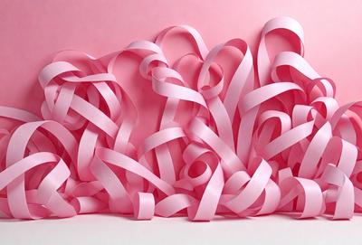 The primary subject of the image is a large pink ribbon. The ribbon is wavy and has a pink and white color scheme. The setting is a white background, which provides a clean and simple backdrop for the ribbon. The visual style of the image is a close-up of the ribbon, showcasing its texture and details. The colors and mood of the image are predominantly pink and white, creating a warm and inviting atmosphere.