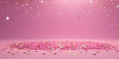 The primary subject of the image is a pink background with gold stars scattered across it. The setting is a pink room with a star-filled background. The visual style is a combination of a photo and digital art, creating a unique and eye-catching scene. The colors and mood of the image are predominantly pink and gold, giving it a warm and inviting atmosphere.