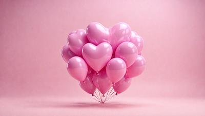 The primary subject of the image is a bouquet of pink heart-shaped balloons. The setting is a pink background, which creates a warm and romantic atmosphere. The visual style is a digital art, as the balloons are depicted in a realistic manner. The colors and mood of the image are predominantly pink, which symbolizes love and affection.