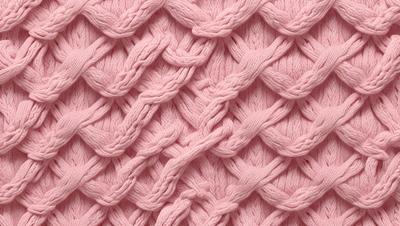 The primary subject of the image is a close-up of a knitted or crocheted piece of pink fabric. The setting is a pink background, which complements the pink fabric. The visual style is a close-up of the fabric, showcasing its texture and details. The colors and mood of the image are predominantly pink, creating a warm and cozy atmosphere.