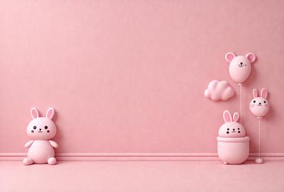 The primary subject of the image is a pair of pink bunny figurines. They are placed on a pink surface, which could be a wall or a table. The visual style of the image is a combination of photo and digital art, as it appears to be a photograph of a digital artwork. The colors and mood of the image are predominantly pink, giving it a warm and cheerful atmosphere.