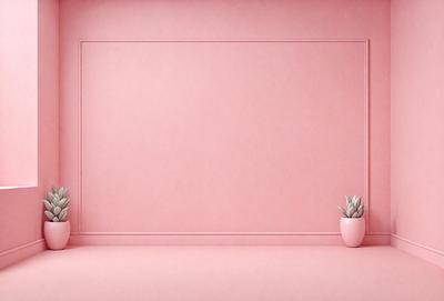 The primary subject of the image is a pink wall with a blank space on it. The setting is a room with a pink table and a potted plant placed on it. The visual style is a photo, and the colors and mood are predominantly pink, creating a warm and inviting atmosphere.