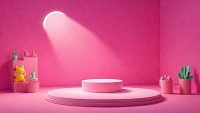 The primary subject of the image is a pink light source, which appears to be a spotlight or a light bulb. The light source is shining on a white surface, creating a bright and vibrant atmosphere. The setting is a pink background, which adds to the overall mood and visual style of the image. The colors and mood of the image are predominantly pink, creating a warm and inviting ambiance.