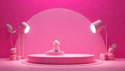 The primary subject of the image is a white cat sitting on a pink surface. The setting is a pink room with a pink background, giving the scene a warm and vibrant atmosphere. The visual style appears to be a combination of photo and digital art, as the cat is depicted in a realistic manner while the background and surface have a digital, artistic quality. The dominant colors in the image are pink and white, creating a cheerful and inviting mood.