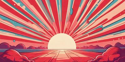 The primary subject of the image is a sunset, with the sun setting over a body of water. The setting is a beach, and the visual style is a digital art or illustration. The colors and mood of the image are warm and serene, with the sun's rays creating a vibrant and inviting atmosphere.