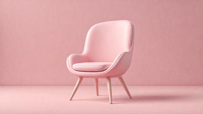 The primary subject of the image is a pink chair with a wooden base. The chair is placed on a pink surface, which creates a visually striking contrast. The setting appears to be a studio or a room with a pink wall, which further emphasizes the chair's color. The visual style of the image is a close-up, focusing on the chair and its details. The colors and mood of the image are predominantly pink, creating a warm and inviting atmosphere.