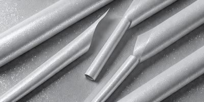 The primary subject of the image is a row of white, shiny, and curved objects. These objects are arranged in a neat and orderly manner, creating a visually appealing scene. The setting appears to be a white surface, which provides a clean and minimalistic backdrop for the objects. The visual style of the image is a combination of photo and digital art, as the objects are depicted in a realistic manner while also showcasing a modern and sleek design. The colors and mood of the image are pre