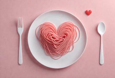 The primary subject of the image is a plate of spaghetti with a heart shape made out of spaghetti noodles. The plate is placed on a pink surface, which adds a warm and romantic touch to the scene. The visual style of the image is a close-up of the plate, highlighting the heart-shaped spaghetti noodles. The colors and mood of the image are predominantly pink, which creates a sense of love and affection.