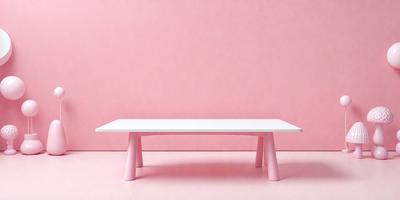 The primary subject of the image is a white table, which is the main object in the scene. The table is placed on a pink wall, creating a contrast between the white and pink colors. The visual style of the image is a photo, capturing the table and its surroundings. The colors and mood of the image are predominantly pink and white, giving it a clean and elegant appearance.