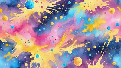The primary subject of the image is a colorful, abstract painting featuring a variety of celestial objects. The setting is a space filled with stars, planets, and other celestial bodies. The visual style is a combination of digital art and illustration, creating a vibrant and dynamic scene. The dominant colors in the painting are blue, pink, yellow, and orange, giving the image a lively and energetic atmosphere.