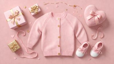 The primary subject of the image is a baby's pink sweater, which is placed on a pink background. The sweater is accompanied by a pair of pink shoes and a pink bow. The visual style of the image is a close-up of the baby's sweater, creating a warm and cozy atmosphere. The colors and mood of the image are predominantly pink, which is often associated with baby clothing and accessories.