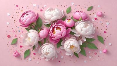 The primary subject of the image is a bouquet of pink and white flowers. The flowers are arranged in a visually appealing manner, creating a sense of beauty and elegance. The setting is a pink background, which adds to the overall mood and aesthetic of the image. The visual style is a combination of realistic and artistic elements, as the flowers are depicted in a detailed and intricate manner. The colors and mood of the image are predominantly pink and white, evoking feelings