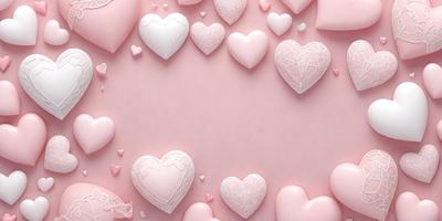 The primary subject of the image is a collection of heart-shaped decorations, which are arranged on a pink background. The hearts are made of a combination of pink and white colors, creating a visually appealing and romantic scene. The setting appears to be a wall or a surface where the hearts are placed, and the visual style is a mix of digital art and illustration. The overall atmosphere is warm, inviting, and heartfelt.