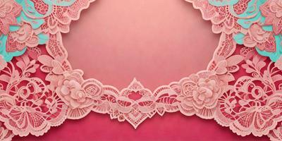 The primary subject of the image is a pink lace frame with a heart-shaped design. The setting is a pink background, which creates a warm and inviting atmosphere. The visual style is a combination of digital art and illustration, as the lace frame appears to be a digital creation. The colors and mood of the image are predominantly pink, which evokes feelings of love, warmth, and affection.