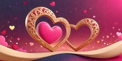 The primary subject of the image is a pair of gold hearts, which are the main objects in the scene. The hearts are placed on a surface, possibly a table, and are surrounded by a pink background. The visual style of the image is a combination of digital art and illustration, giving it a unique and artistic appearance. The dominant colors in the image are pink and gold, creating a warm and romantic atmosphere.