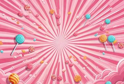 The primary subject of the image is a colorful and vibrant display of candy, including lollipops and other sweets. The setting is a pink background, which adds to the overall visual style. The image is a digital art or illustration, showcasing the artist's creativity and attention to detail. The dominant colors are pink, red, and white, creating a cheerful and playful atmosphere.