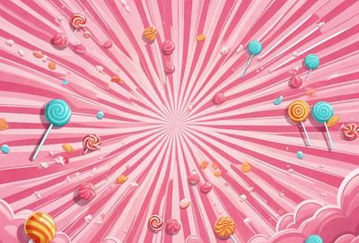 The primary subject of the image is a colorful and vibrant display of candy, including lollipops and other sweets. The setting is a pink background, which adds to the overall visual style. The image is a digital art or illustration, showcasing the artist's creativity and attention to detail. The dominant colors are pink and various shades of pink, which create a cheerful and playful atmosphere.