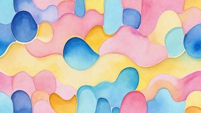 The primary subject of the image is a colorful painting featuring a variety of shapes and colors. The setting is a pink and yellow background, which adds to the vibrant atmosphere of the painting. The visual style is a combination of digital art and illustration, creating a unique and eye-catching piece of art. The dominant colors are pink, yellow, and blue, which contribute to the overall cheerful and lively mood of the painting.