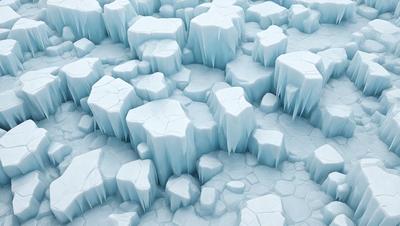 The primary subject of the image is a large, icy mountain with many jagged edges. The mountain is surrounded by a blue, icy landscape, giving the scene a cold and frozen atmosphere. The visual style of the image is digital art, as it appears to be a computer-generated or manipulated image. The dominant colors in the image are blue and white, with the blue color representing the icy landscape and the white color representing the icy mountain.