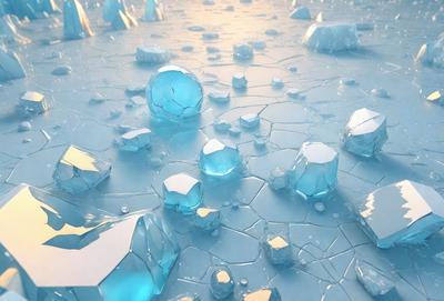 The primary subject of the image is a large, blue, frozen surface with numerous blue and white ice crystals scattered across it. The setting appears to be a cold, icy environment, possibly a frozen lake or a snowy landscape. The visual style of the image is a combination of photo and digital art, creating a unique and captivating scene. The dominant colors in the image are blue and white, giving the scene a cold and icy atmosphere.