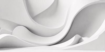 The primary subject of the image is a large, white, curved wall. The setting is a room with a white background, and the visual style appears to be a combination of digital art and illustration. The dominant colors are white and gray, creating a clean and minimalist atmosphere.
