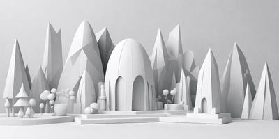 The primary subject of the image is a white, three-dimensional model of a city. The setting is a white background, which provides a clean and minimalist appearance. The visual style is a combination of digital art and illustration, creating a unique and intricate design. The colors and mood of the image are predominantly white, giving it a clean and modern feel.
