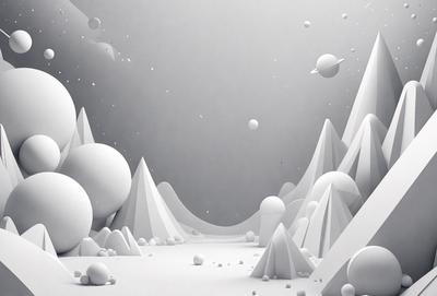 The primary subject of the image is a white, three-dimensional mountain range with a sky background. The setting is a white, three-dimensional landscape with a variety of white spheres scattered throughout the scene. The visual style is digital art, and the colors and mood are predominantly white, giving the image a clean and minimalist appearance.