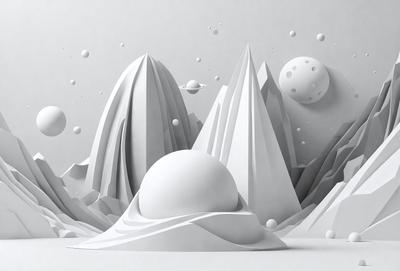 The primary subject of the image is a white, three-dimensional model of a mountain with a space scene in the background. The setting is a white background, which creates a clean and minimalist visual style. The image is a digital artwork, showcasing the artist's creativity and attention to detail. The colors are predominantly white, giving the scene a clean and serene atmosphere.