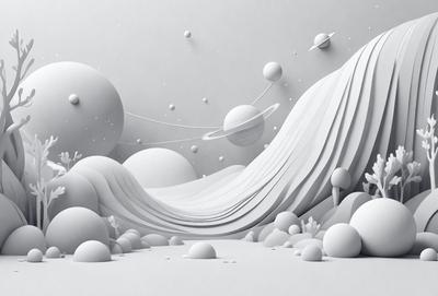 The primary subject of the image is a white, three-dimensional illustration of a mountain with a wave on top. The setting is a white background, and the visual style is digital art. The image has a clean and minimalist appearance, with a focus on the mountain and wave. The colors and mood are predominantly white, giving the image a calm and serene atmosphere.