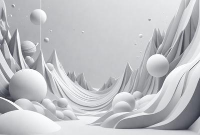 The primary subject of the image is a white, three-dimensional mountain range with a series of white spheres scattered throughout the scene. The setting is a white background, which creates a clean and minimalist visual style. The image is a digital art piece, showcasing the artist's creativity and attention to detail. The dominant colors are white, which gives the scene a clean and serene atmosphere.
