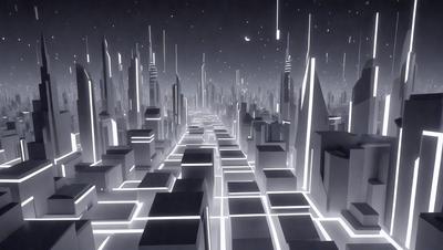 The primary subject of the image is a futuristic cityscape with a large number of skyscrapers. The setting is a nighttime cityscape with a moon visible in the sky. The visual style is digital art, and the dominant colors are black and white, giving the image a sleek and modern appearance. The overall atmosphere is one of urban sophistication and technological advancement.
