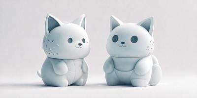 The primary subject of the image is a pair of white cat figurines. They are sitting next to each other on a white surface, which could be a table or a wall. The visual style of the image is digital art, as the cat figurines are created using digital tools. The colors and mood of the image are predominantly white, giving it a clean and minimalist appearance.