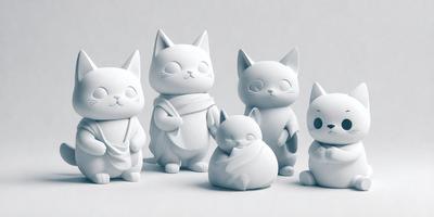 The image features a group of five white cat figurines, each with different poses and expressions. They are arranged in a row, with one cat on the left, two in the middle, and two on the right. The cats are positioned in various orientations, creating a visually engaging scene. The overall atmosphere of the image is playful and whimsical, as the cats are depicted in a lighthearted manner.