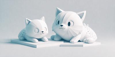 The primary subject of the image is a white cat sitting on a white surface. The setting is a white background, which creates a clean and minimalist appearance. The visual style is digital art, as the cat is depicted in a 3D format. The colors and mood of the image are predominantly white, giving it a calm and serene atmosphere.