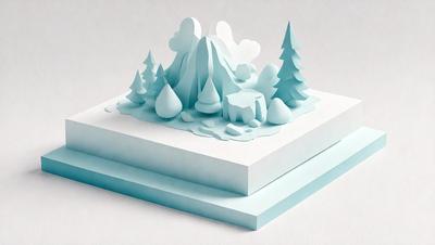 The primary subject of the image is a three-dimensional model of a forest, featuring a mountain, trees, and a rock. The setting is a white surface, which serves as the background. The visual style is a combination of digital art and illustration, creating a realistic and detailed representation of the forest. The colors and mood of the image are predominantly blue, giving it a calm and serene atmosphere.