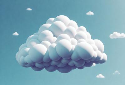 The primary subject of the image is a large, white cloud floating in a blue sky. The cloud is filled with numerous white balls, giving it a unique and interesting appearance. The setting is a clear, cloudless sky, which provides a perfect backdrop for the cloud. The visual style of the image is a combination of photo and digital art, creating a realistic yet artistic representation of the cloud. The colors and mood of the image are predominantly blue and white, with a sense of calmness and tranquility.