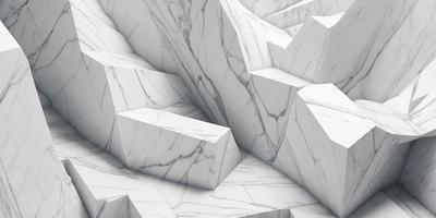 The primary subject of the image is a large white marble block. The setting is a white marble surface, which creates a clean and elegant appearance. The visual style is a 3D digital art, giving the image a modern and sophisticated look. The colors and mood are predominantly white, which adds to the simplicity and elegance of the scene.