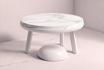 The primary subject of the image is a small white table with a marble top. The table is placed on a pink surface, which serves as the setting or background. The visual style of the image is a photo, capturing the details of the table and its surroundings. The colors in the image are predominantly white and pink, creating a warm and inviting atmosphere.