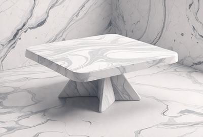 The primary subject of the image is a white marble table, which is the main object in the scene. The table is placed on a white marble floor, creating a clean and elegant atmosphere. The visual style of the image is a photo, capturing the details and textures of the marble table and floor. The colors and mood of the image are predominantly white, giving it a minimalist and sophisticated appearance.