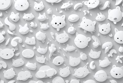 The primary subject of the image is a collection of white cat stickers or cutouts, arranged in a visually appealing manner. The setting is a white wall, which serves as the background for the cat stickers. The visual style is a mix of digital art and illustration, as the stickers are designed to resemble cats. The colors and mood of the image are predominantly white, giving it a clean and minimalist appearance.