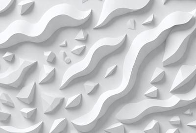 The primary subject of the image is a white wall with a pattern of triangles and waves. The setting is a white room, and the visual style appears to be a combination of digital art and illustration. The dominant colors are white and gray, creating a clean and minimalist atmosphere.