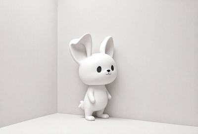 The primary subject of the image is a small white bunny figurine. The setting is a white wall, and the visual style appears to be a digital art or illustration. The colors are predominantly white, giving the image a clean and minimalist appearance. The overall mood of the image is calm and serene, with the small bunny figurine standing out against the white wall.